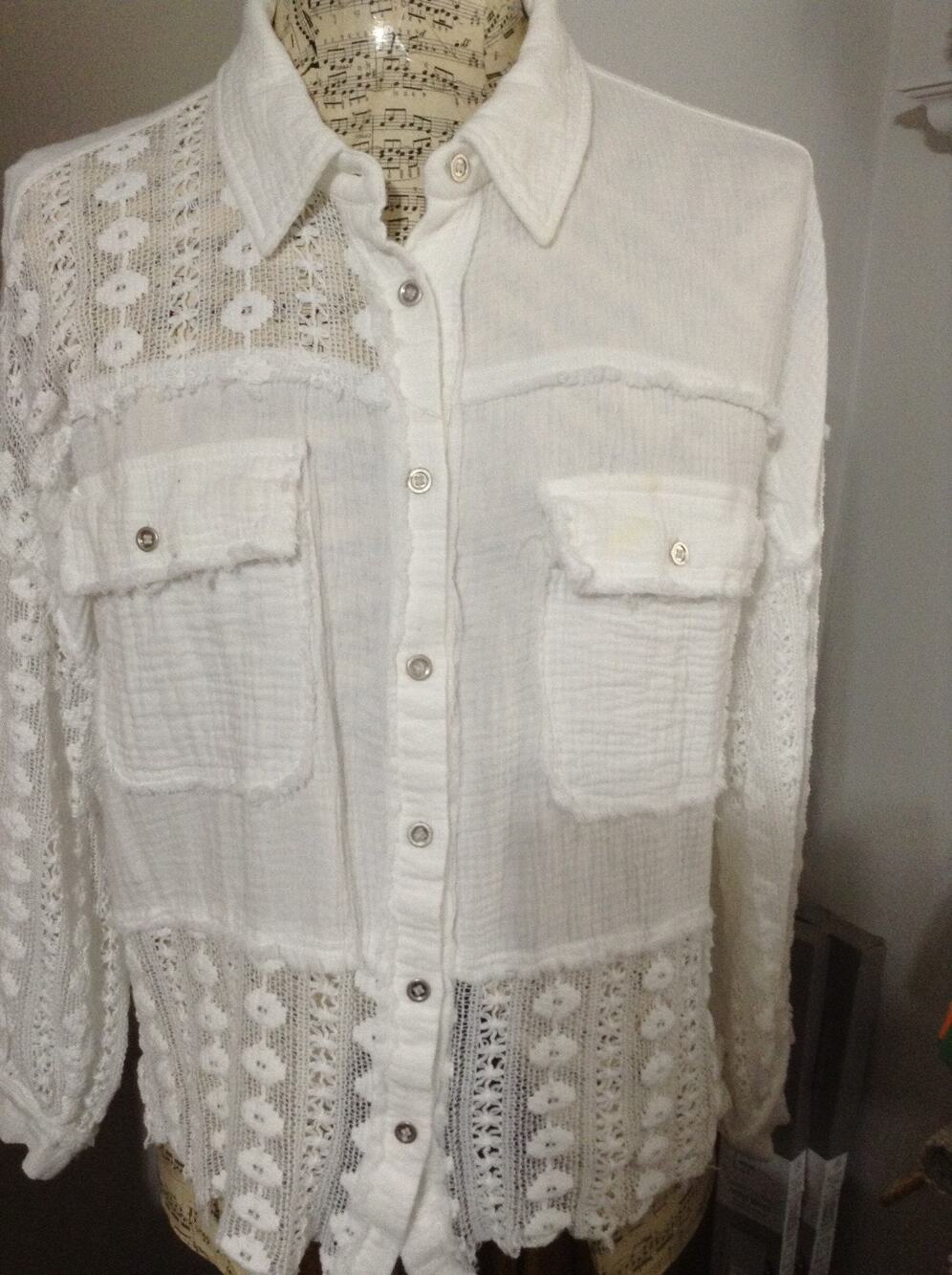 Andree By Unit 2X White Cotton Double Gauze Lace Shacket Button Shirt Raw Hem